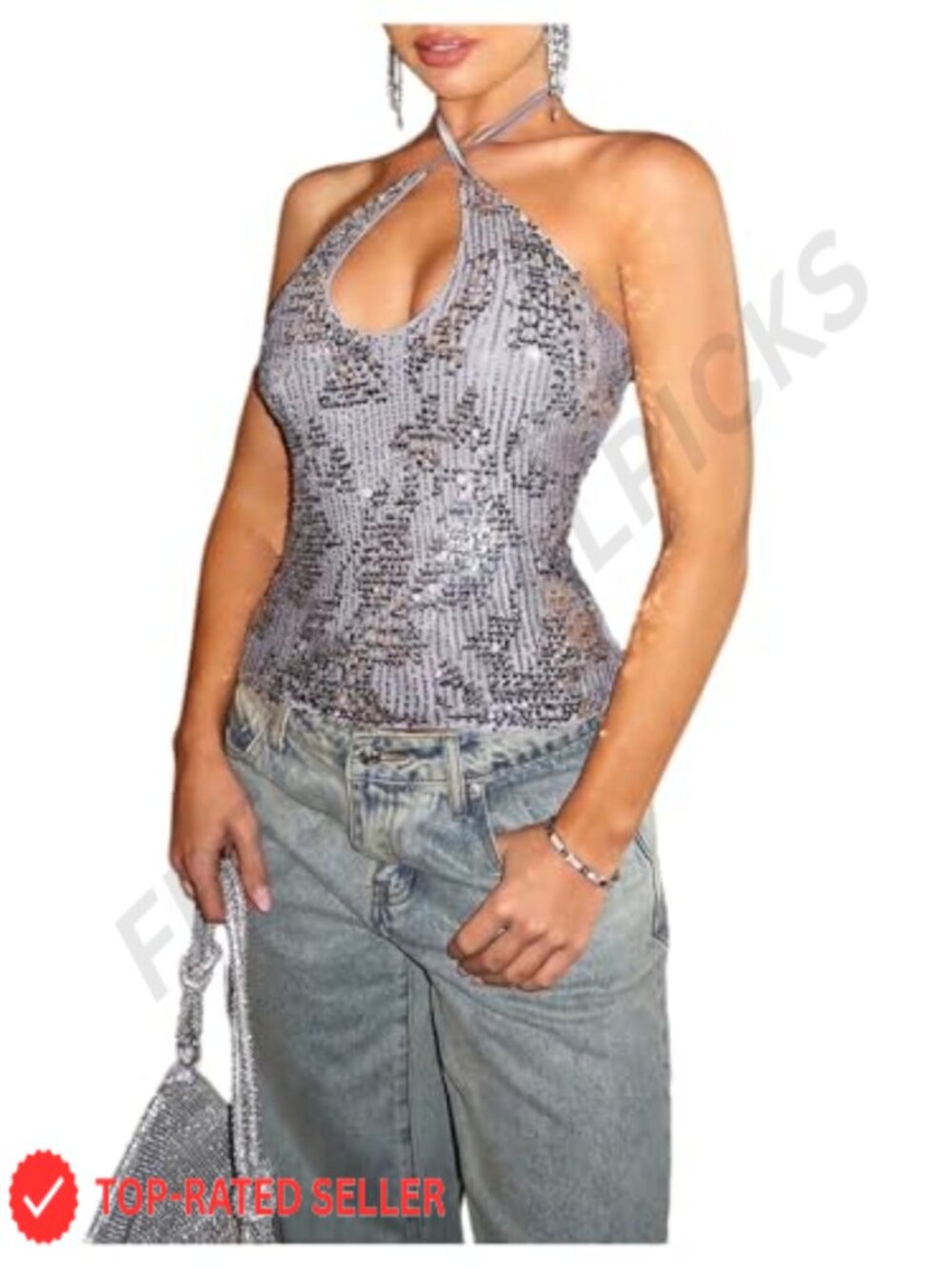 Sequin Halter Cami Top Crisscross Backless Glitter Tank